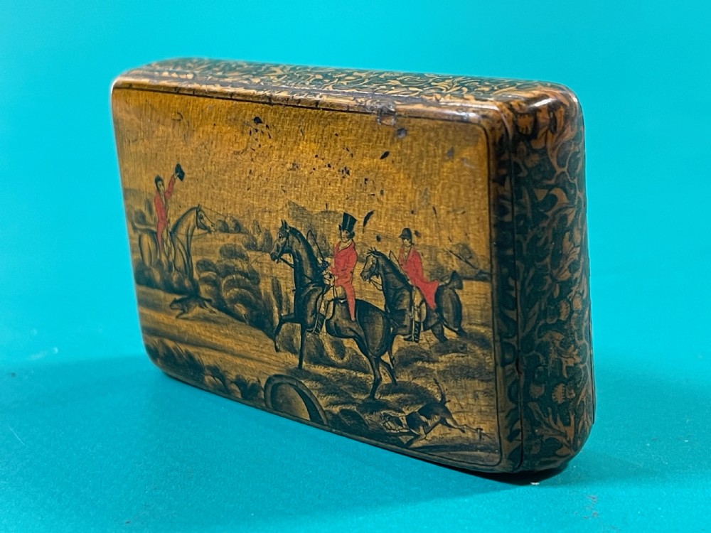 Antique Scottish Penwork Snuff Box - Huntsmen, Hound & Fox View II