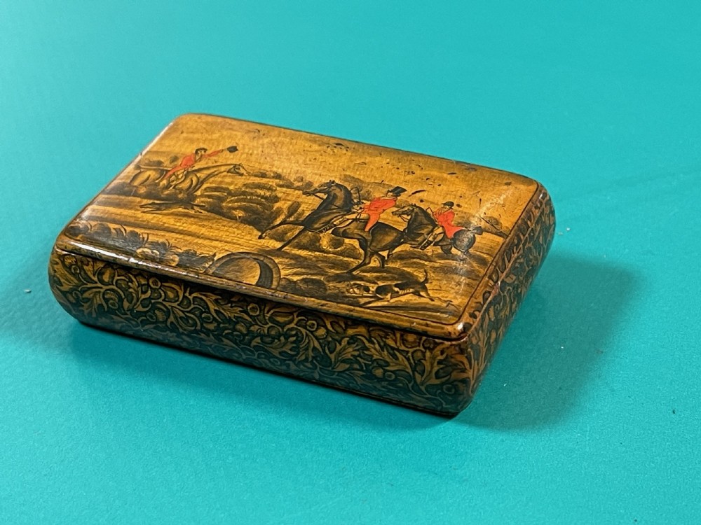 Antique Scottish Penwork Snuff Box - Huntsmen, Hound & Fox View IV