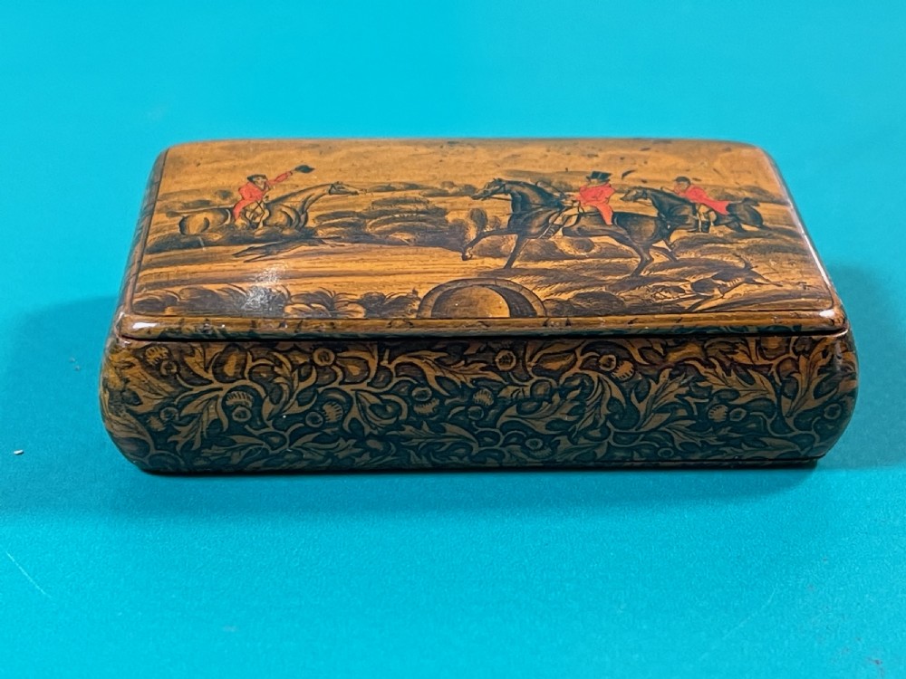 Antique Scottish Penwork Snuff Box - Huntsmen, Hound & Fox View V