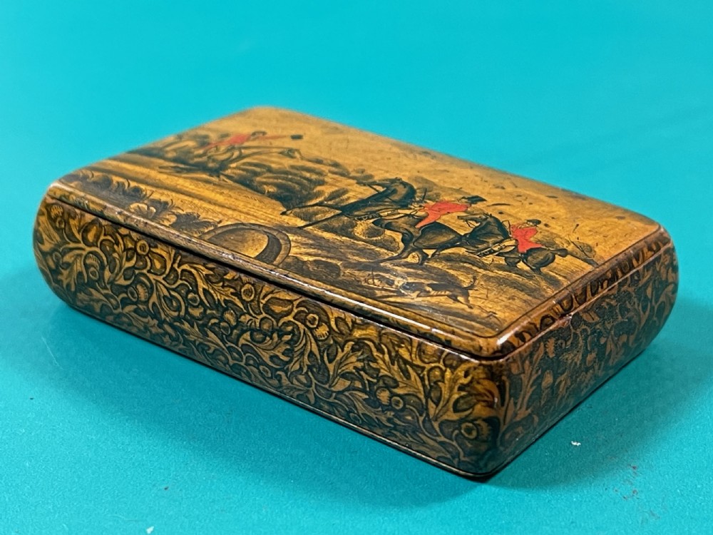 Antique Scottish Penwork Snuff Box - Huntsmen, Hound & Fox View VI