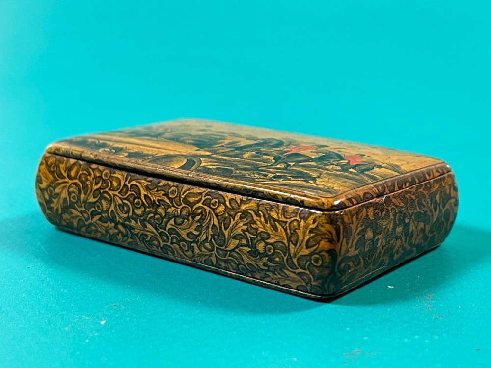 Antique Scottish Penwork Snuff Box - Huntsmen, Hound & Fox View VIII