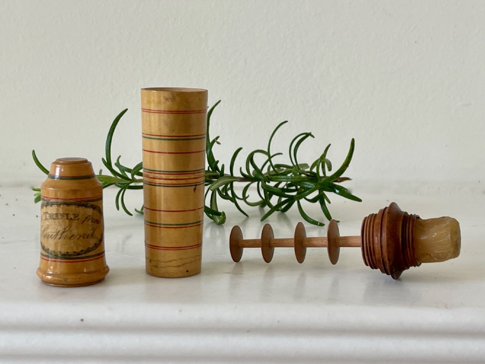 An Early Antique Treen Tunbridge Ware Sewing Companion - waxed, spool & thimble View III