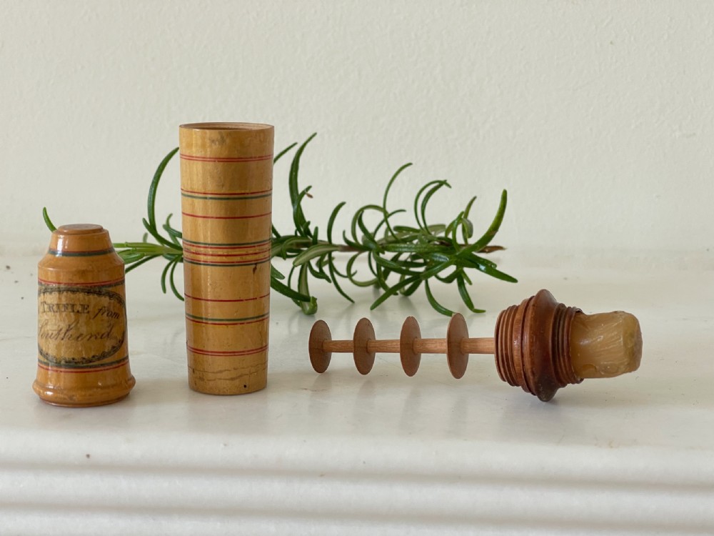 An Early Antique Treen Tunbridge Ware Sewing Companion - waxed, spool & thimble View V