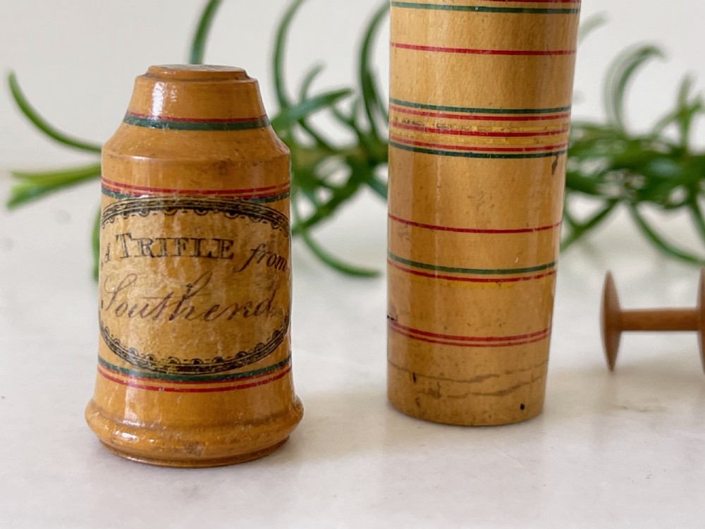 An Early Antique Treen Tunbridge Ware Sewing Companion - waxed, spool & thimble View VI