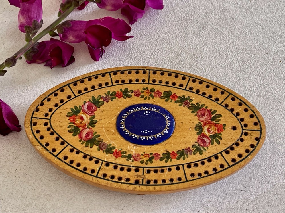 An Antique Georgian Tunbridge Ware Cribbage Board With A Bilston Enamel Plaque