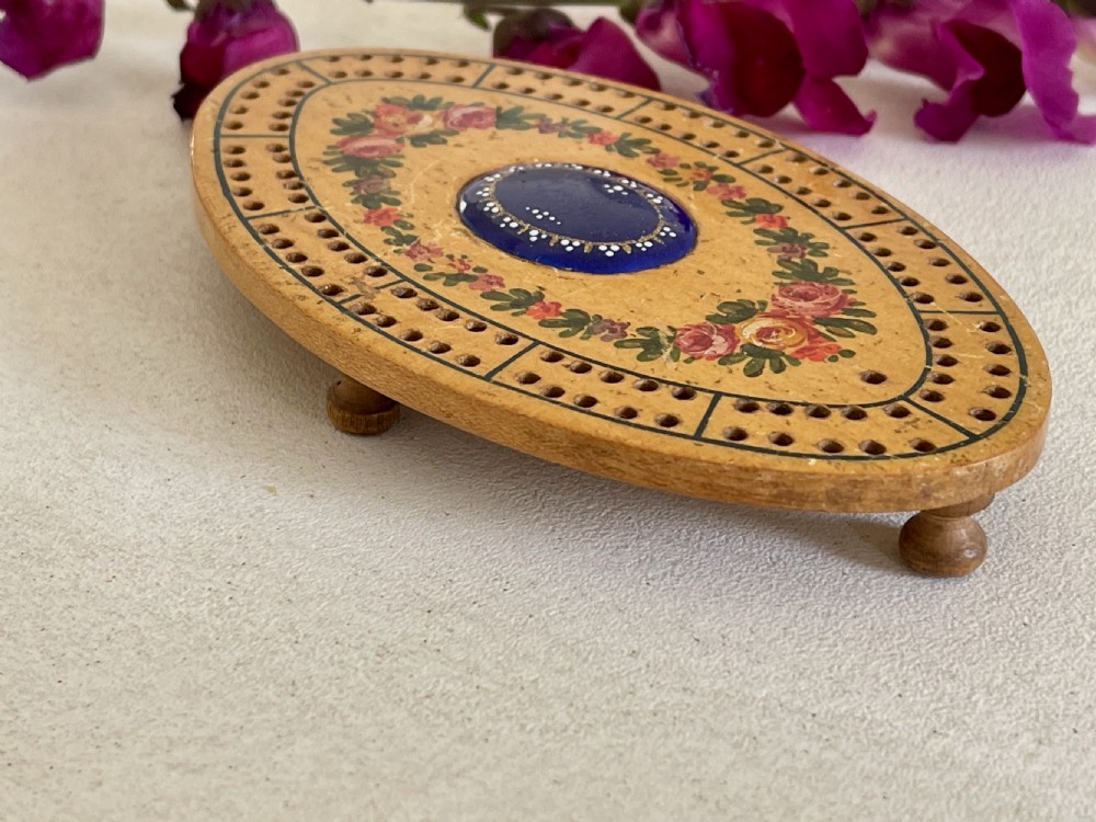 An Antique Georgian Tunbridge Ware Cribbage Board With A Bilston Enamel Plaque View II
