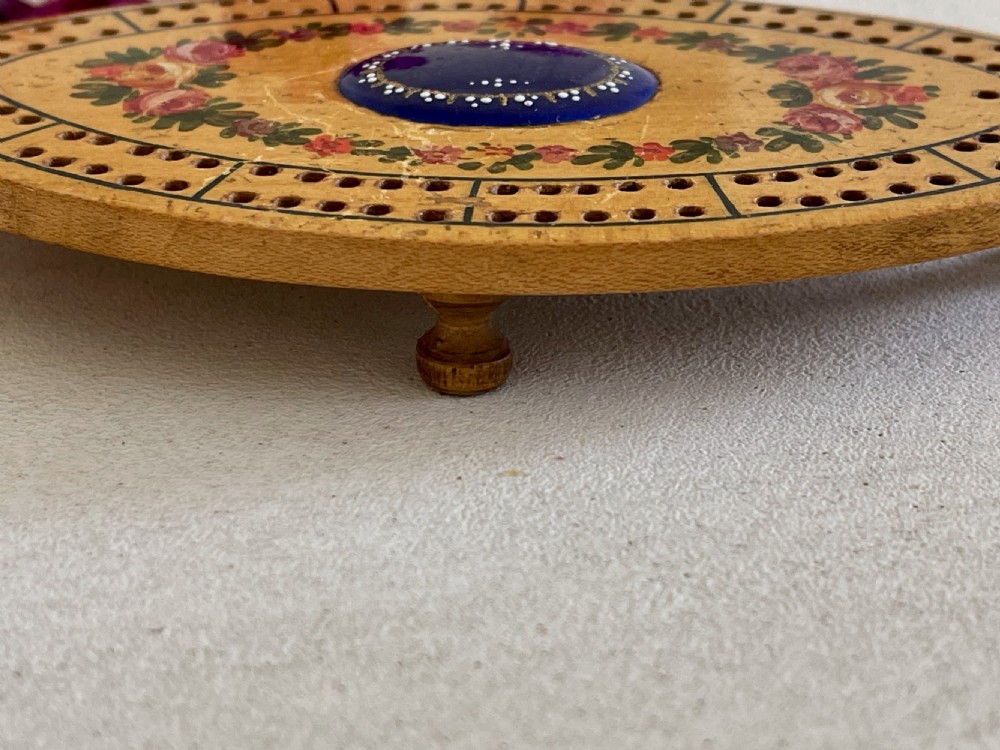 An Antique Georgian Tunbridge Ware Cribbage Board With A Bilston Enamel Plaque View VII