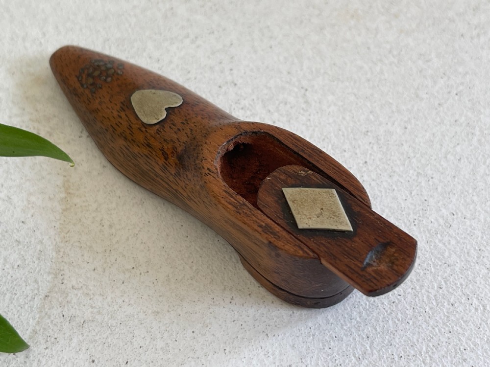 An Antique  Small Snuff Shoe - love token heart & Diamond View II