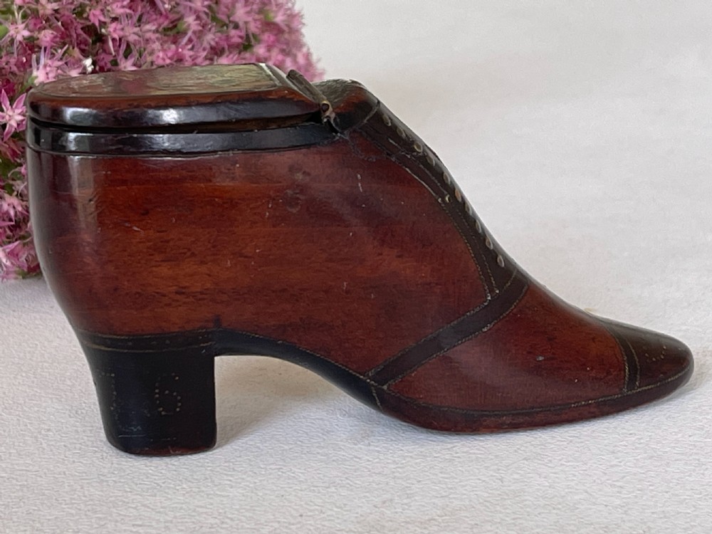 An Antique Treen Snuff Shoe - with a bird & flower decoration View III