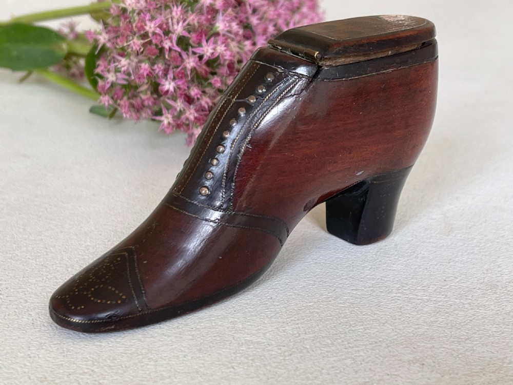 An Antique Treen Snuff Shoe - with a bird & flower decoration View IX