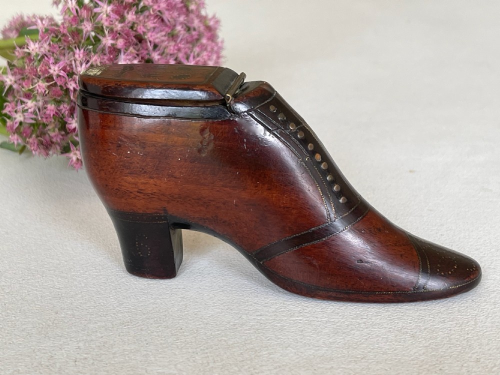 An Antique Treen Snuff Shoe - with a bird & flower decoration View X