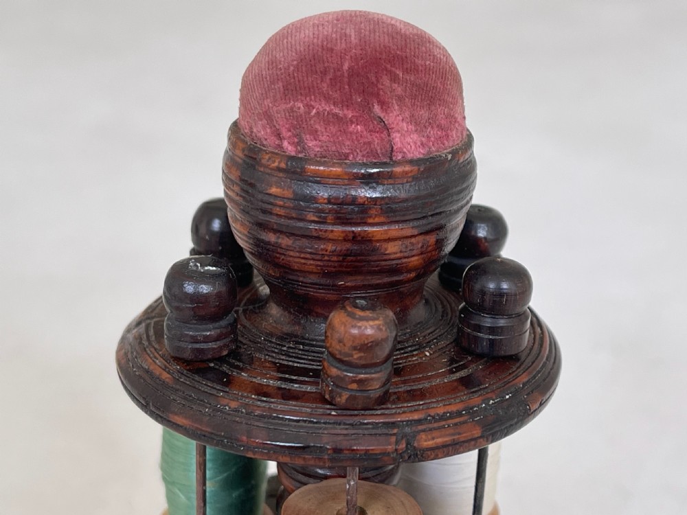An Antique Treen Sewing Tower - reel holder & pin cushion View VII