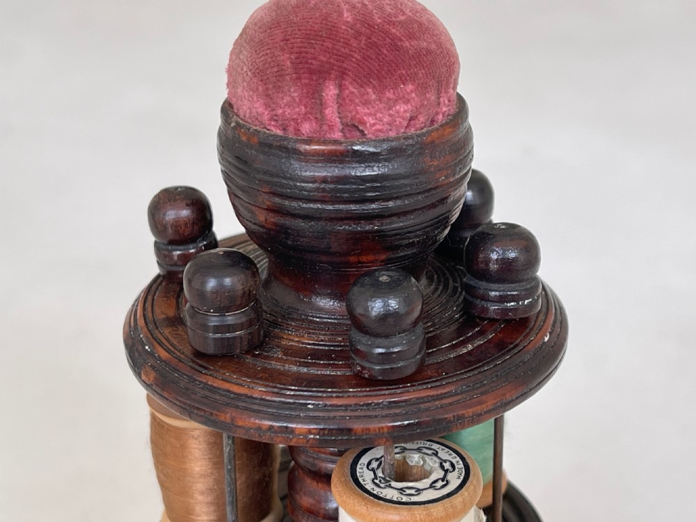 An Antique Treen Sewing Tower - reel holder & pin cushion View VIII