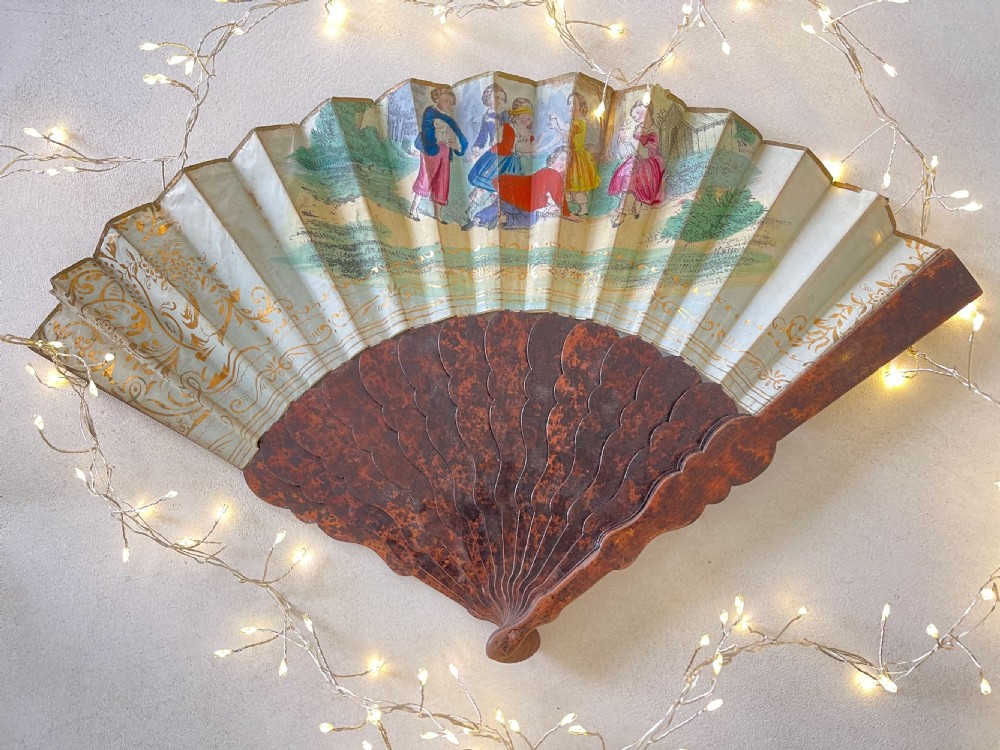 Antique Fan - beautiful wooden handle and pictures