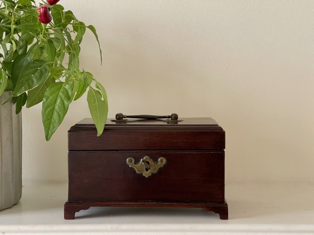 A small dark brown mahogany tea caddy with a brass keyhole escutcheon and a top handle, resting on bracket feet.