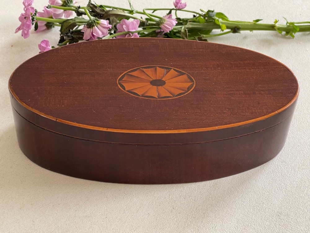 An oval dark mahogany wooden box featuring a central inlaid fan patera motif and subtle wood edging.