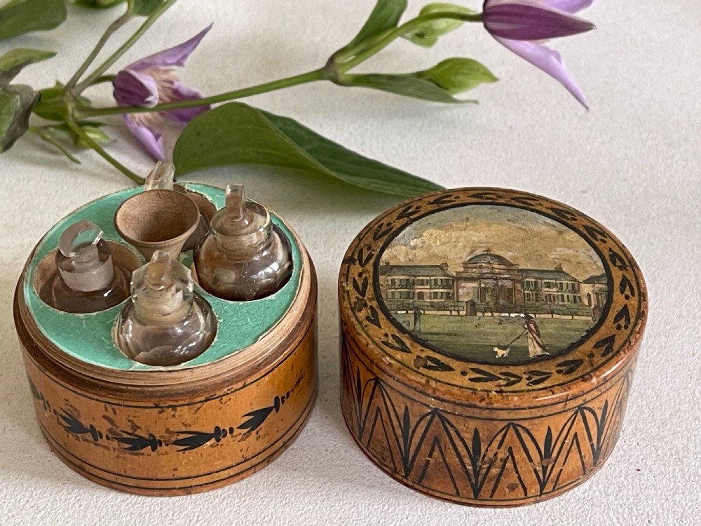Antique Tunbridge Ware Scent Box - with bottles and funnel View III