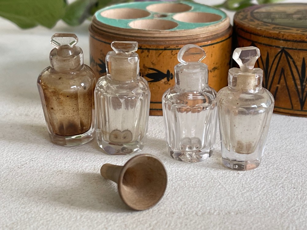 Antique Tunbridge Ware Scent Box - with bottles and funnel View V