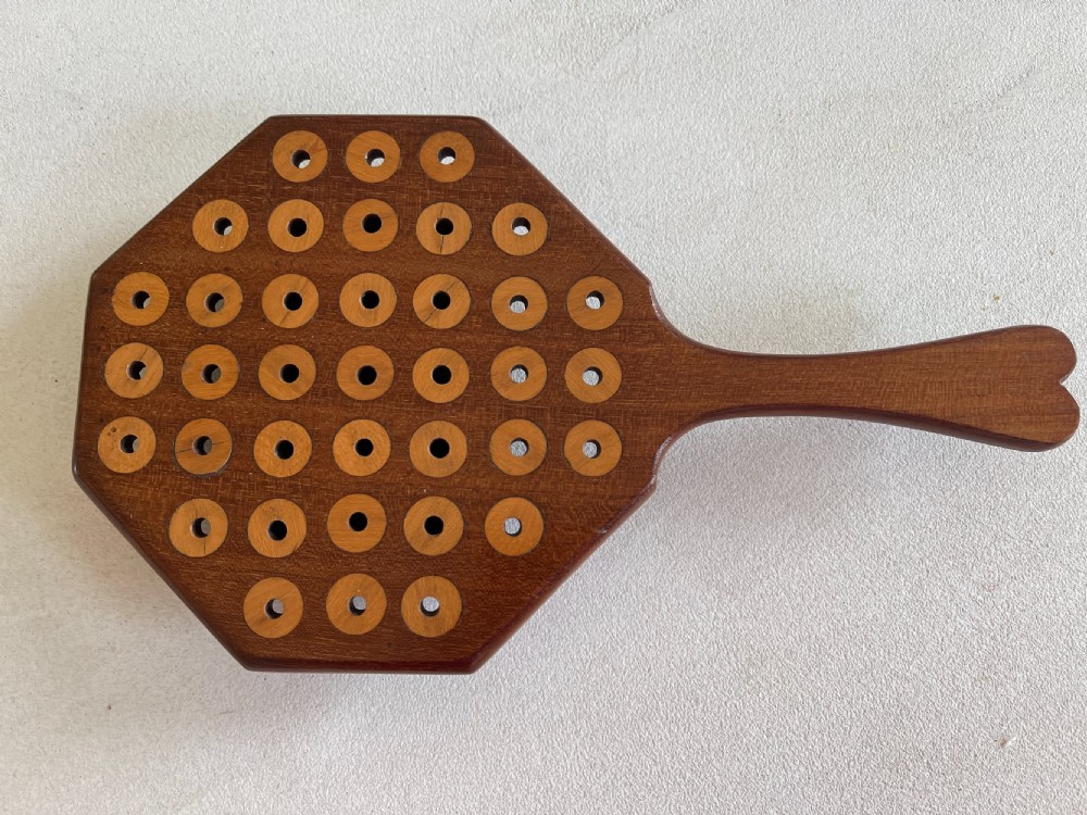 Antique  Treen Peg Solitaire Board - complete with bone pegs View II