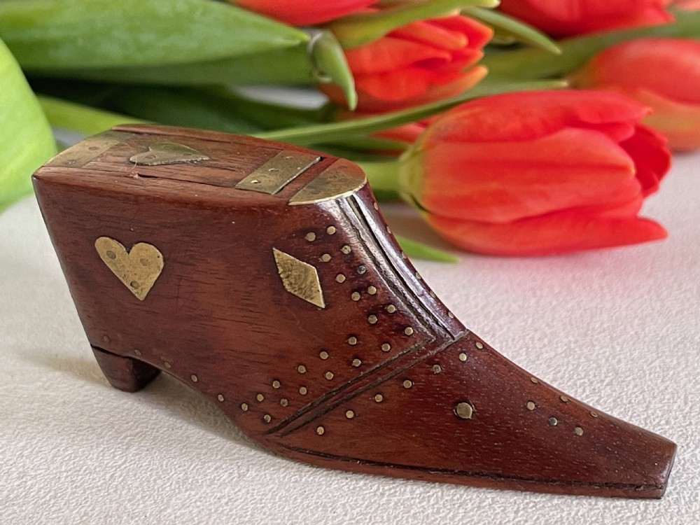 An Antique Mahogany Snuff Shoe - inlaid hearts and diamonds