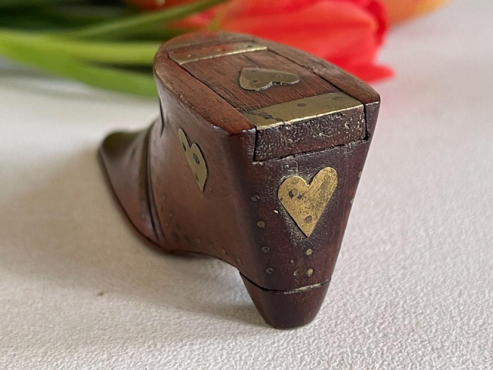 An Antique Mahogany Snuff Shoe - inlaid hearts and diamonds View II