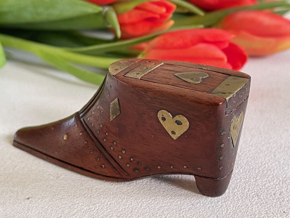 An Antique Mahogany Snuff Shoe - inlaid hearts and diamonds View III