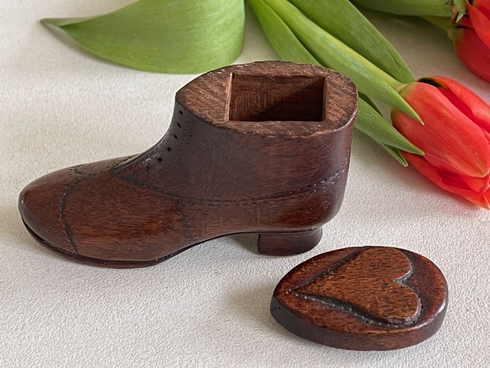 Antique Snuff Boot Box - with carved heart View IV