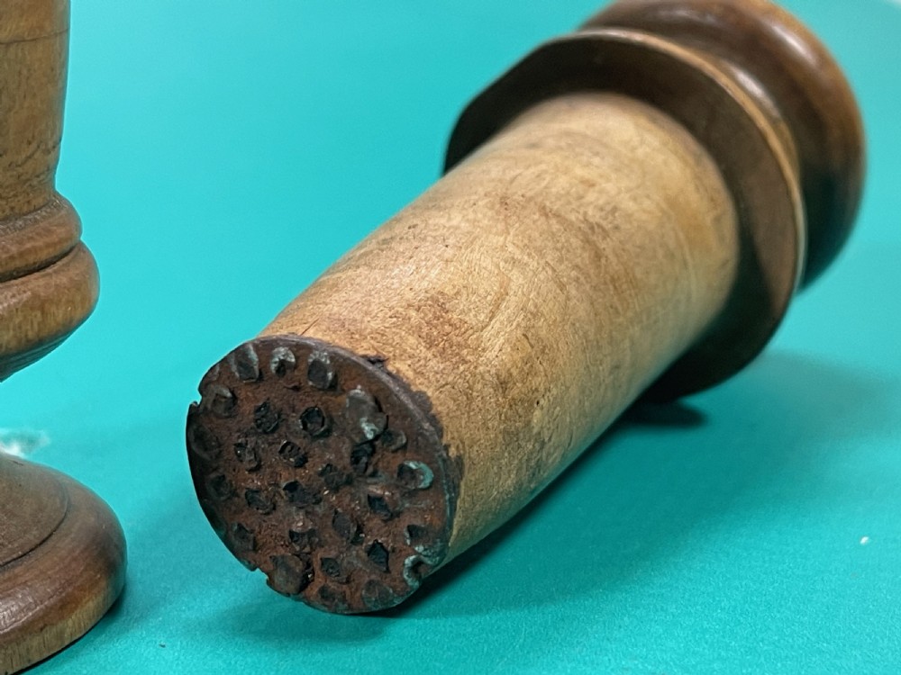 A small antique hand-turned wooden treen spice mortar grinder featuring baluster shaping and incised line detailing. View IV