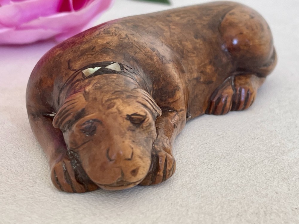 An Antique Treen Dog Snuff Box View V