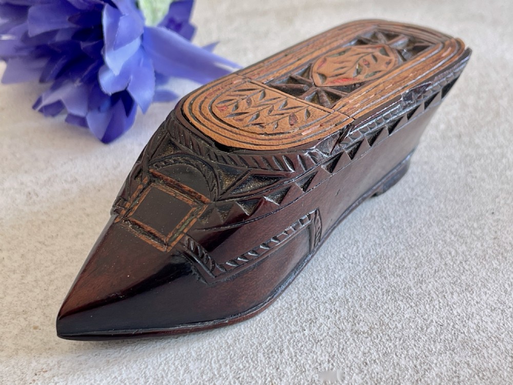 An Antique Inlaid  Snuff Shoe - with painted flowers