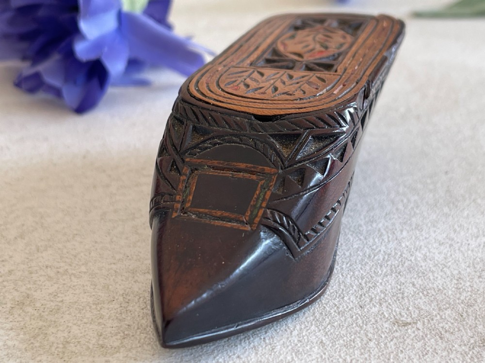 An Antique Inlaid  Snuff Shoe - with painted flowers View III