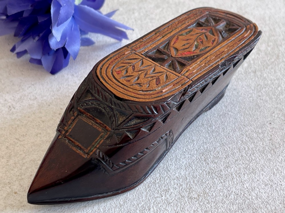 An Antique Inlaid  Snuff Shoe - with painted flowers View V