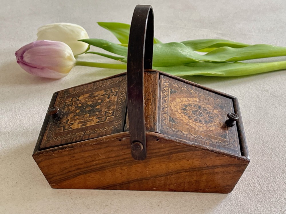 A Small Tunbridge Ware Antique Sewing Pannier Box