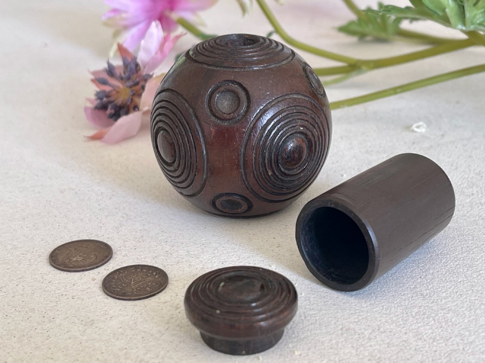Antique Treen Puzzle Ball  - with old coins inside