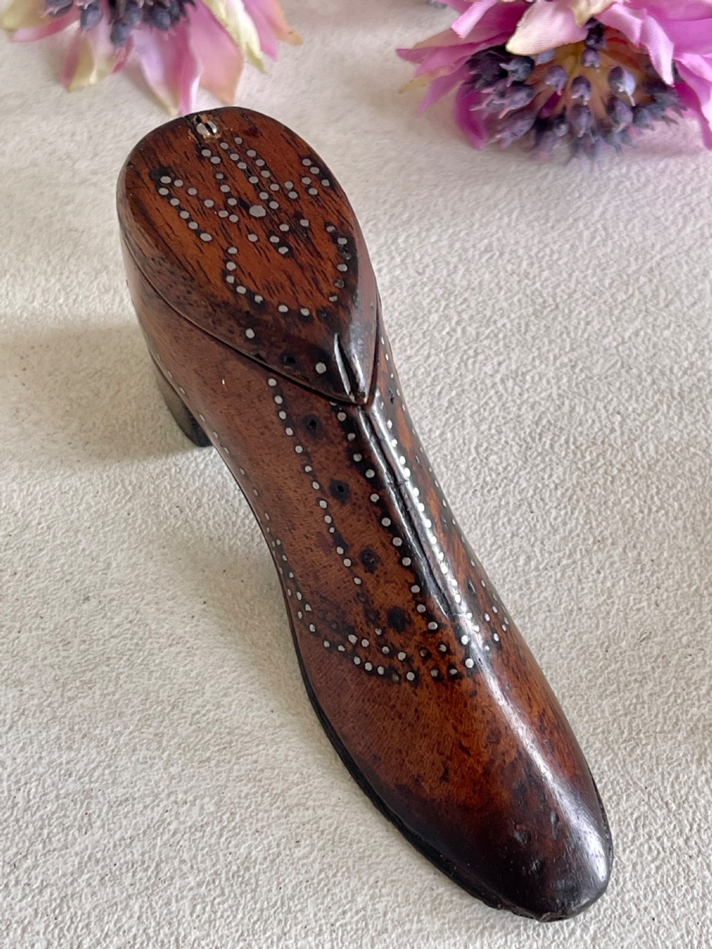 Antique Silver Pique Work Snuff Shoe Box -heart View II