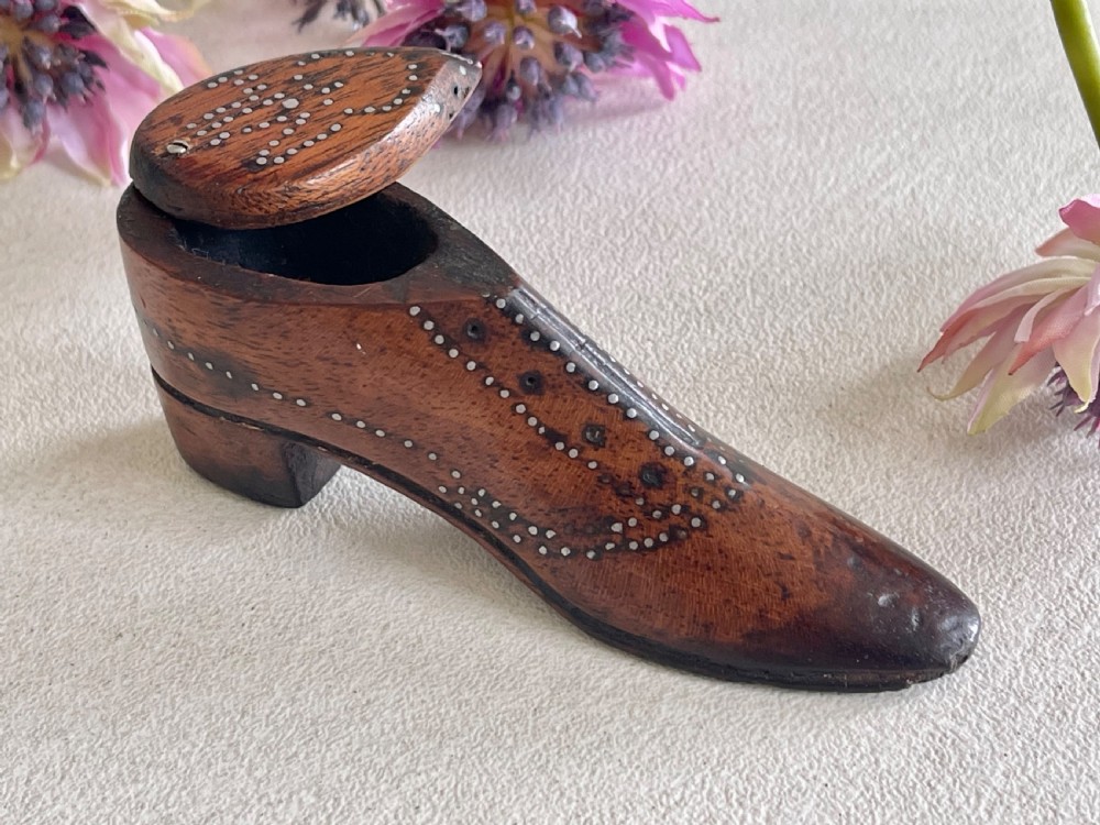Antique Silver Pique Work Snuff Shoe Box -heart View IV