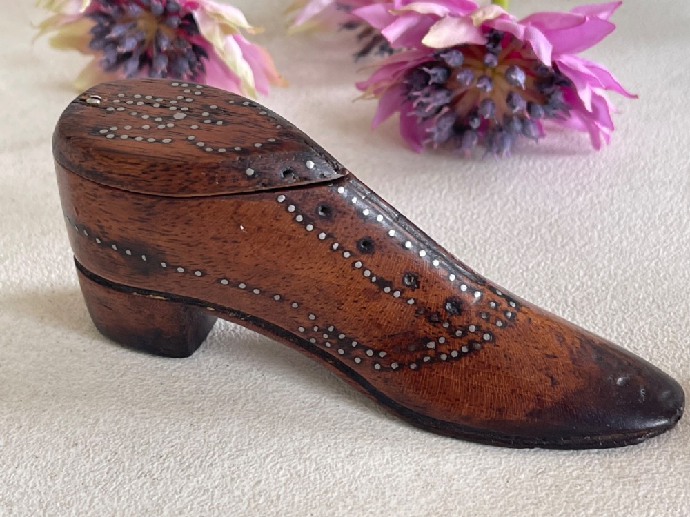 Antique Silver Pique Work Snuff Shoe Box -heart View V