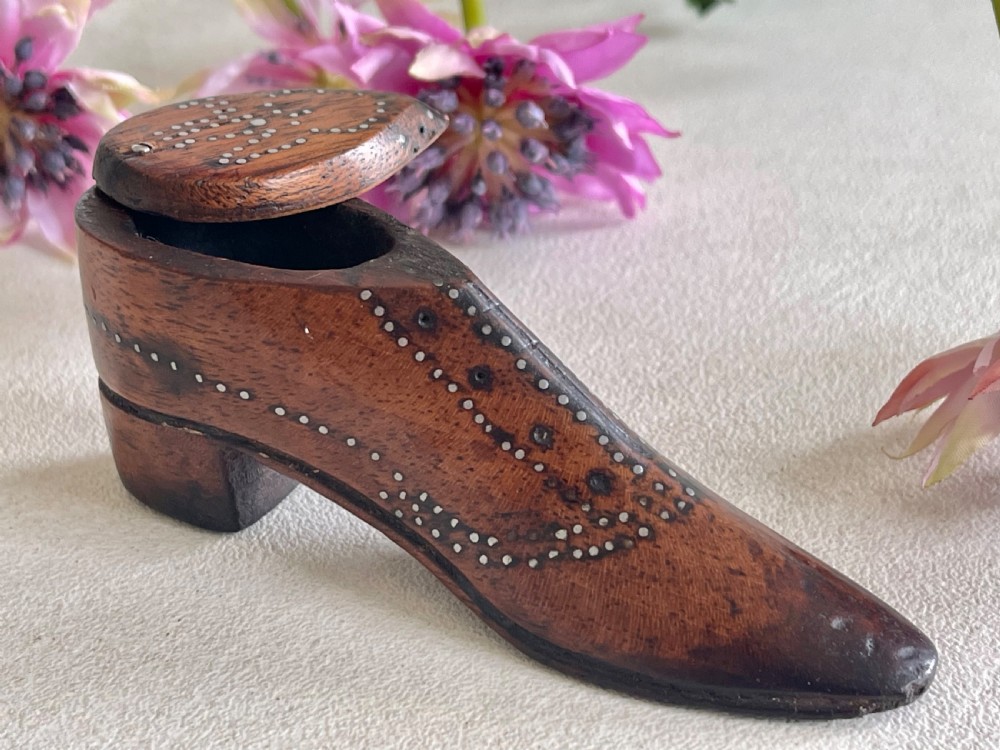 Antique Silver Pique Work Snuff Shoe Box -heart View VI