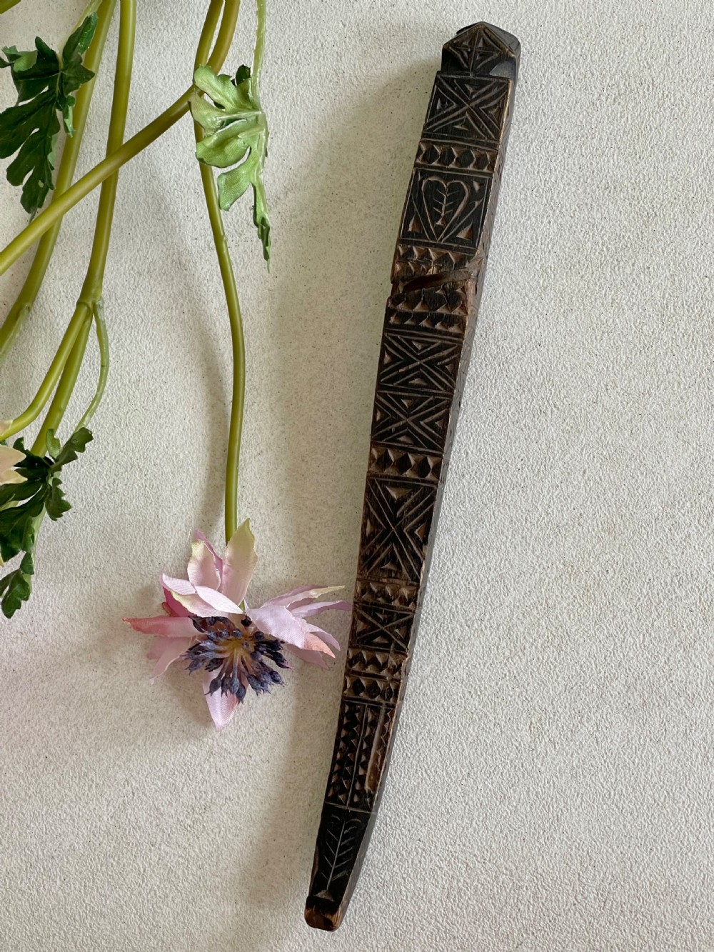 An Antique Treen Knitting Sheath -heart decoration