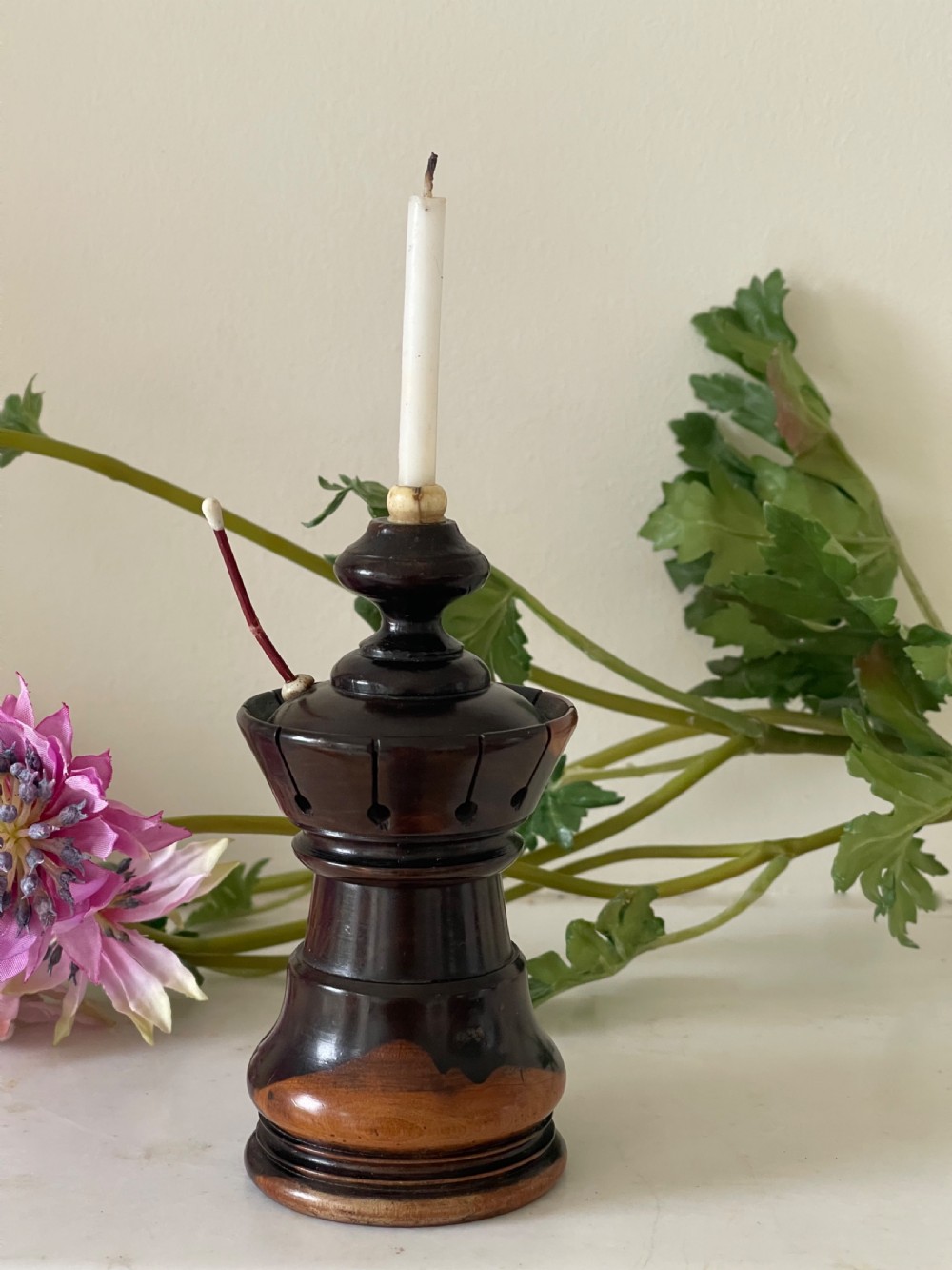 A Large Antique Treen Combination Candle & Match Go to Bed