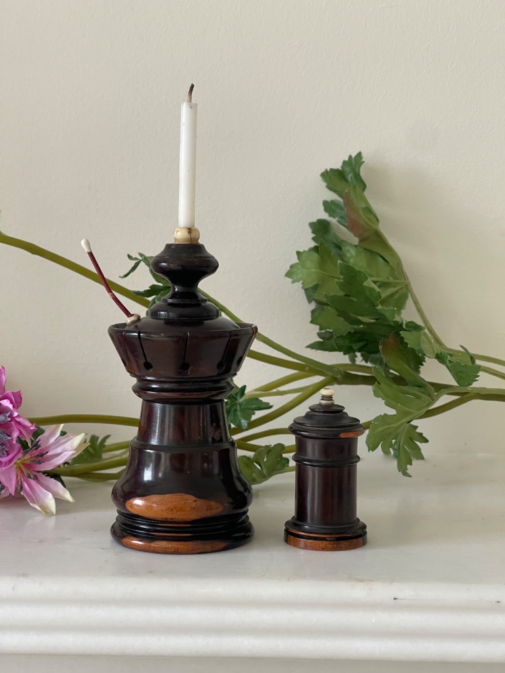 A Large Antique Treen Combination Candle & Match Go to Bed View V