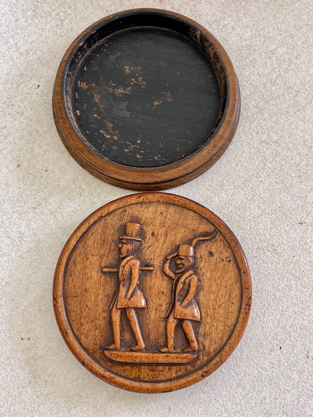 An Antique Carved Snuff Box - depicting two figures View II