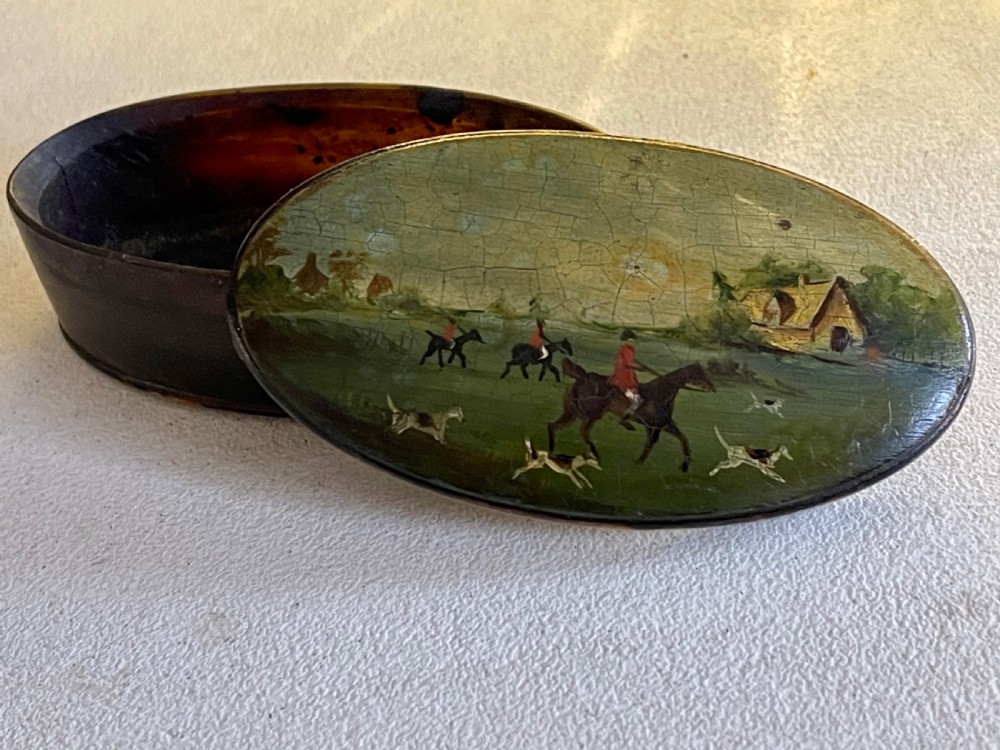 An Antique Horn Snuff Box - with painted hunting scene