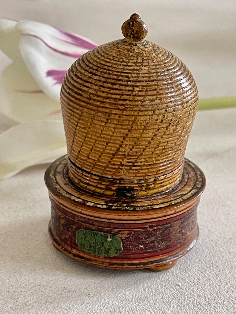 A Good Sized Antique Tunbridge Ware Bee Hive Pin Poppet & Box