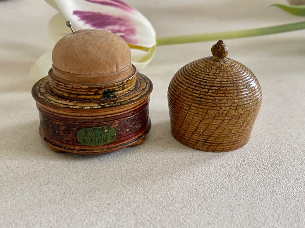 A Good Sized Antique Tunbridge Ware Bee Hive Pin Poppet & Box View II