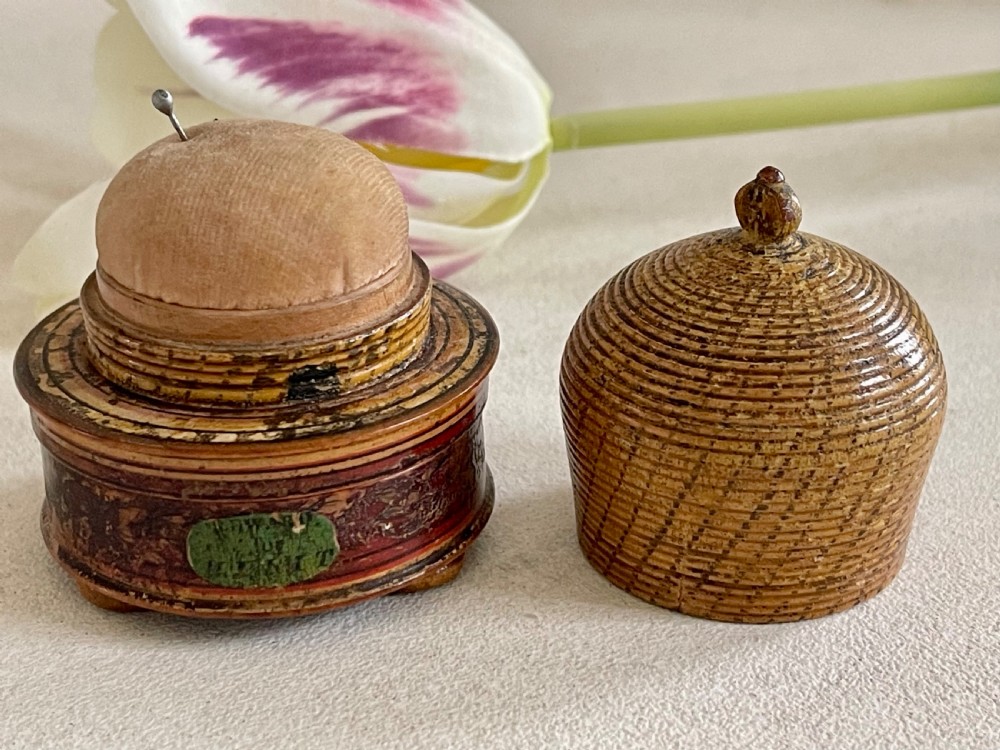 A Good Sized Antique Tunbridge Ware Bee Hive Pin Poppet & Box View III