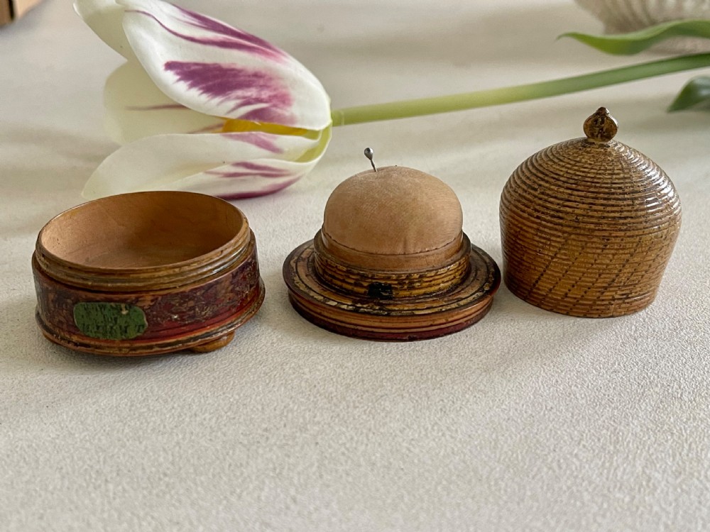 A Good Sized Antique Tunbridge Ware Bee Hive Pin Poppet & Box View IV