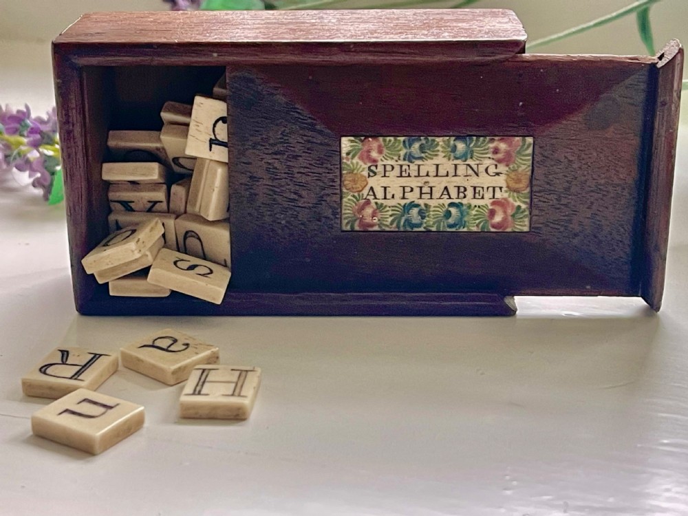 Antique Alphabet Box with bone tiles View II