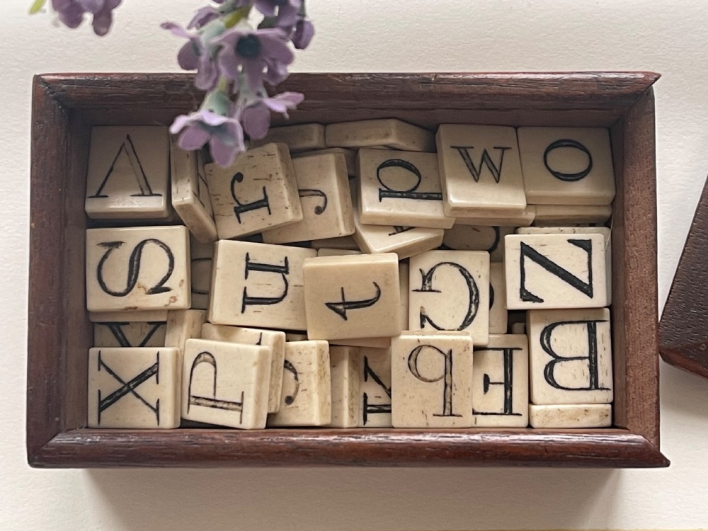 Antique Alphabet Box with bone tiles View IV