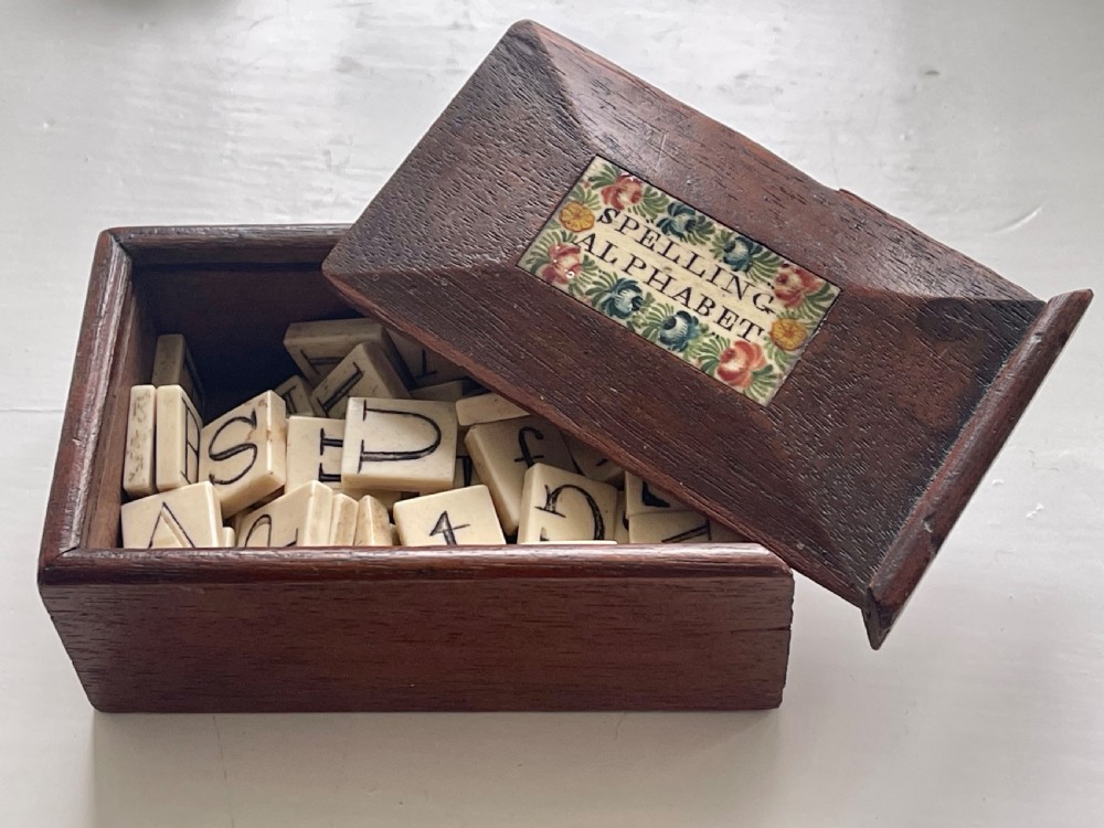 Antique Alphabet Box with bone tiles View V
